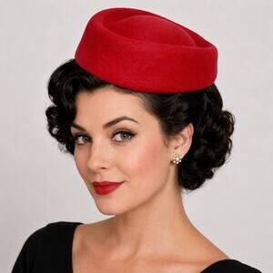 Red Stewardess Oval Pillbox Hat Retro Style for Party Wedding Church - Hey Viv